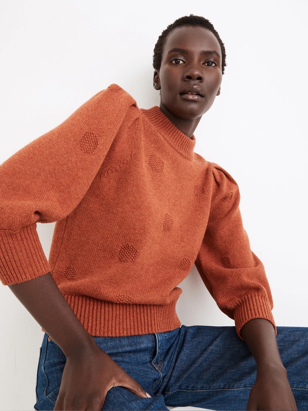 Madewell Dotted Eaton Puff-Sleeve Pullover Sweater in Cotton-Merino Yarn